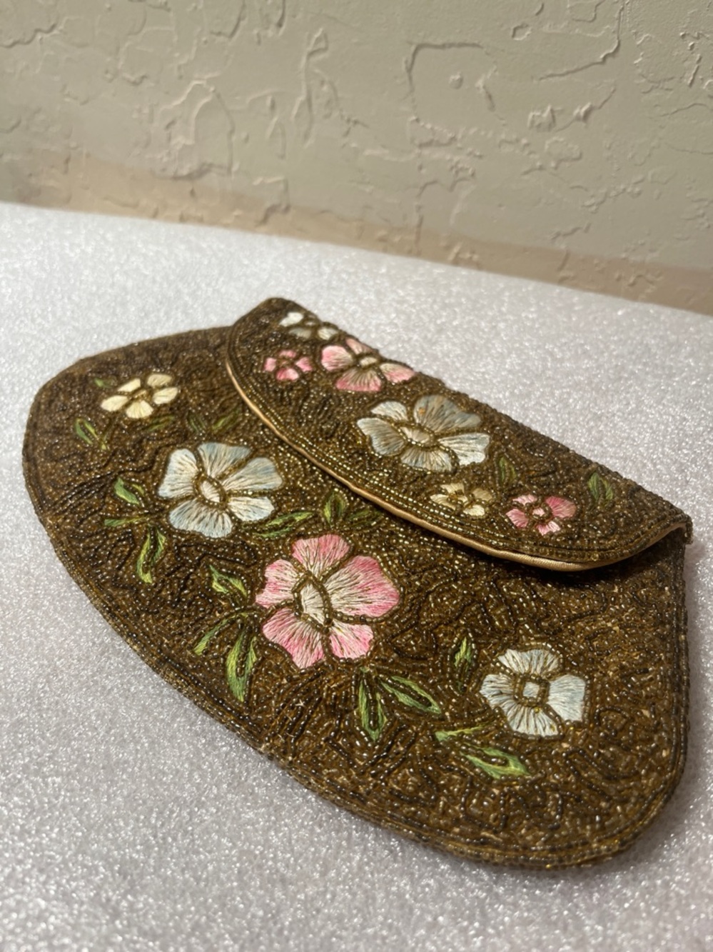 Beaded Floral Embroidered Clutch - Brown with Pink & White  - Made in Japan